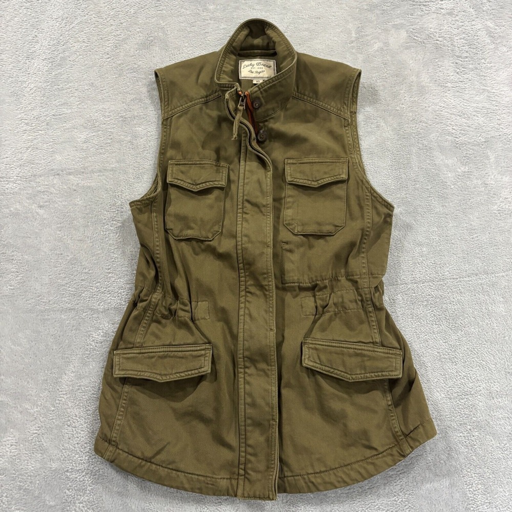 VTG‎ Lucky Brand Military Vest Womens XS Green Full Zip Button Utility VTG